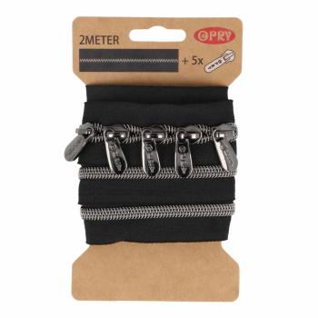 Preview: Endlosreißverschluss 2m Nickel Schwarz-Metallic inkl. 5 Schieber 